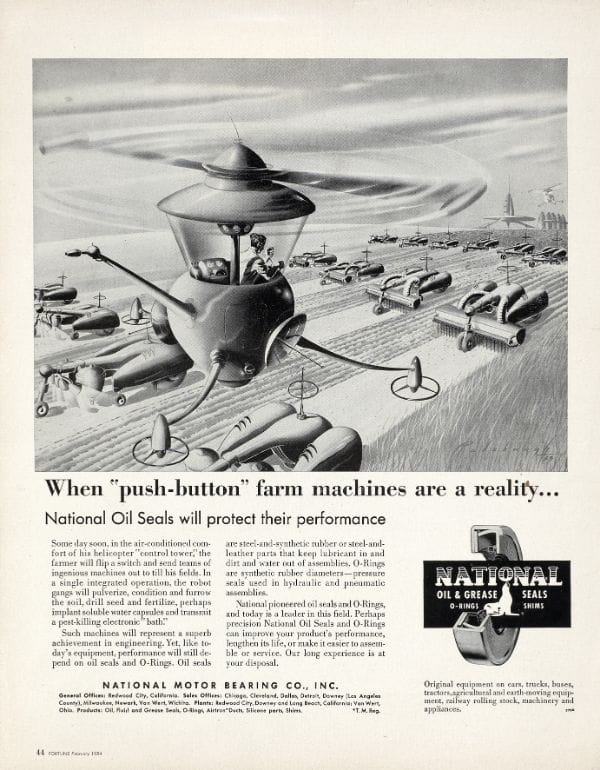  "When 'push-button' farm machinery becomes a reality..." A fleet of farm machines radio-guided from an airborne command post (1954) Illustration: Arthur Radebaugh