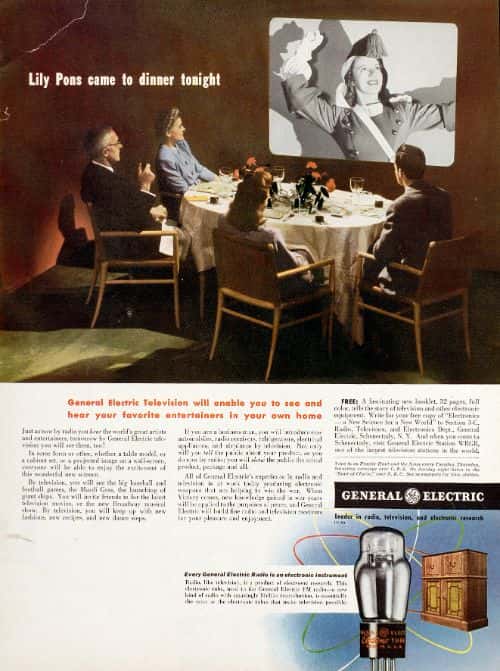 "Television will allow you to see and hear your favorite performer from your living room!" Electronic appliances would transform the home into an entertainment zone. Here, soprano Lily Pons invites herself to dinner in an American home through a wall screen; all the guests are absorbed in her performance.